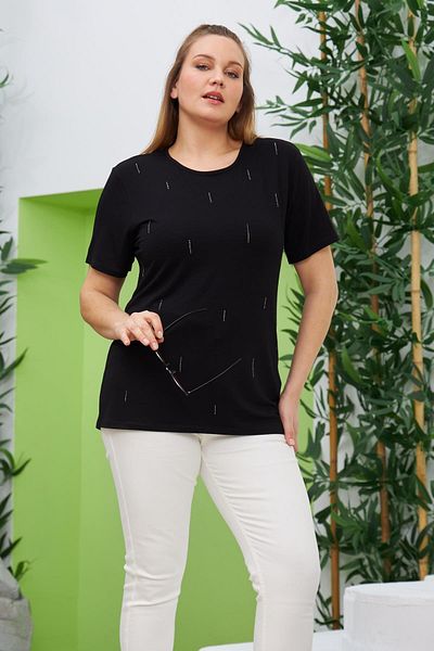 RMG Plus Size Stone Detailed T-Shirt Black