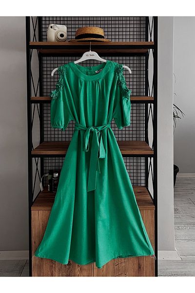 My twins Ewas Design Midi Length Off-The-Shoulder Belted Women's Cotton Plus Size Dress