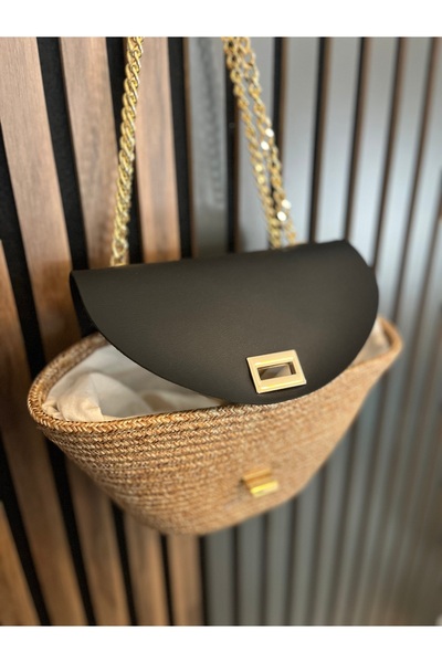 Home Geantă de mână și de umăr cu detalii din răchită naturală - Design cu capac cu lanț