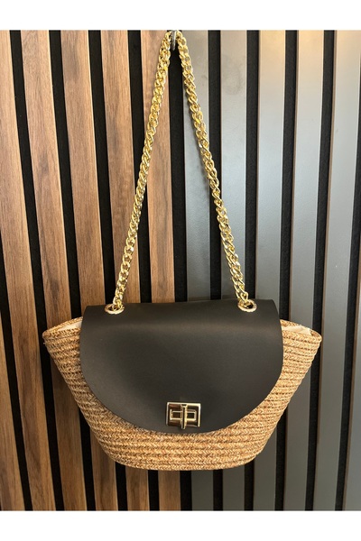 Home Geantă de mână și de umăr cu detalii din răchită naturală - Design cu capac cu lanț