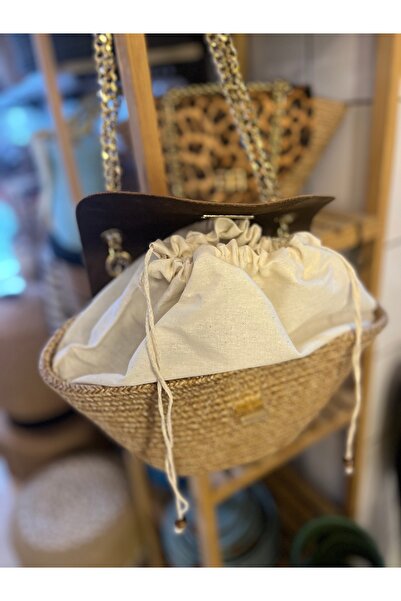 Home Geantă de mână și de umăr cu detalii din răchită naturală - Design cu capac cu lanț