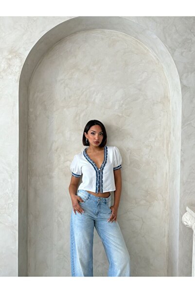 Moday Γυναικείο καλοκαιρινό λευκό τζιν πουκάμισο με κεντημένο μπουφάν 11D-2336