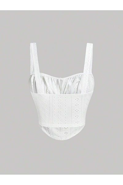 Marin Star White Embroidery Patterned Bust Low-Cut Front Lace-Up Strap Crop, White Embroidery Patterned Blouse