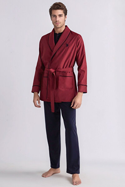 U.S. Polo Assn. Erkek Çeyizlik Damat Pijama Takımı, Sabahlık & Alt Üst Şort Takım 5 Parça - Bordo