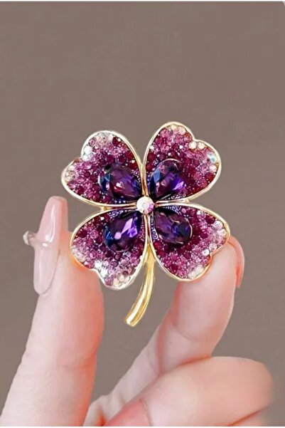 model aksesuar Dört Yapraklı Yonca Mor Cam Taşlı Broş
