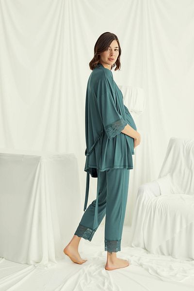 MONAMİSE Monamise Lohussa Women's Special Design Lace Pregnant Maternity 3-Piece Pajama Set
