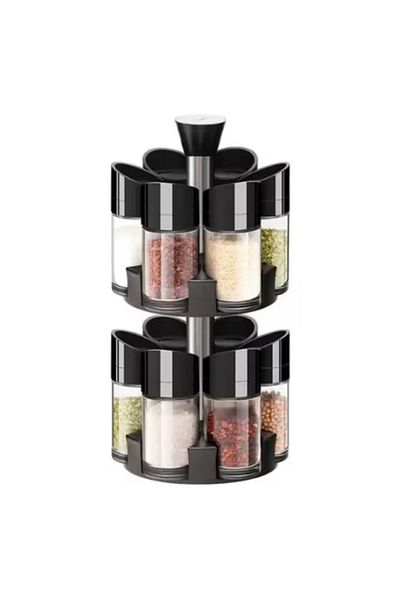 Rovitech Set of containers for herbs and spices placed on a rotating stand, Plastic, Black, 12 containers