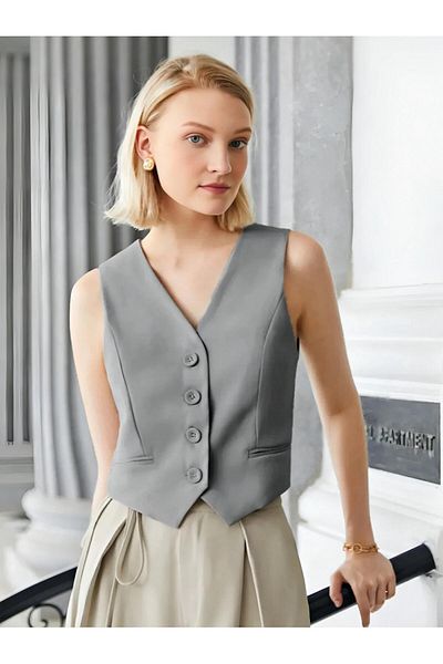 Risil-Nu Company New Season Women's Button Detailed Fit Cut Premium Cotton Woven Fabric Vest