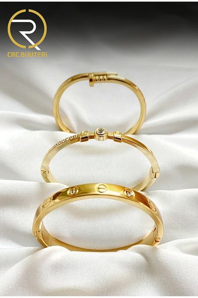 Crc Bijuteri Women's Gold Color 3-Piece Stone Handcuff Bracelet Set – Elegant and Sparkling Design