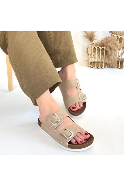 buHillco Rıno Beige Buckle Nubuck Women's Slippers