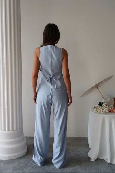 BE CHİC PANTALONI PALAZZO DE DAME CU TALIE ÎNALTĂ ȘI VESTĂ DE IN CU GĂRĂ PĂTRATĂ CU BĂTĂRI SET DE 2 SG70002