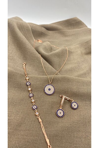 SURA SILVER NAZAR BONCUĞU MODEL ZİRKON TAŞ 925 AYAR ROSE GÜMÜŞ SET (KOLYE,BİL...