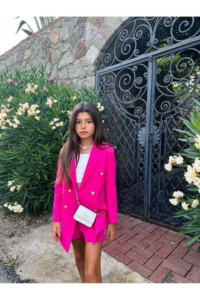 Marka Sensin Kids Girl's Gold Buttoned Blazer Jacket Colorful Shorts Set of 2