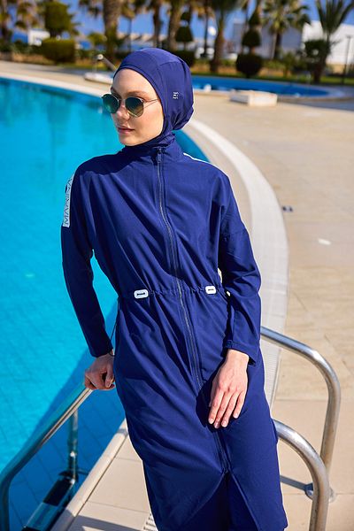 Marina Swimwear Navy Blue Full Covered Hijab Swimsuit with Stopper, Water Drain and Judge Collar M2507-2