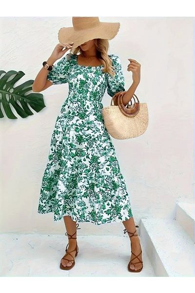Monapera Square Neck Balloon Short Sleeve Gipeli Floral Print Midi Length Dress