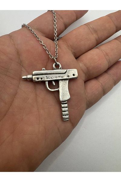 Herşey Nota Uzi Pistol Figured Necklace – Silver Color Zamak Metal Men's Unisex Accessory