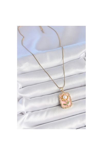 Skygo 316L Steel Gold Color Chain Pink Enameled Pearl Daisy Model Portrait Model Women's Necklace - Tj-Bko10197