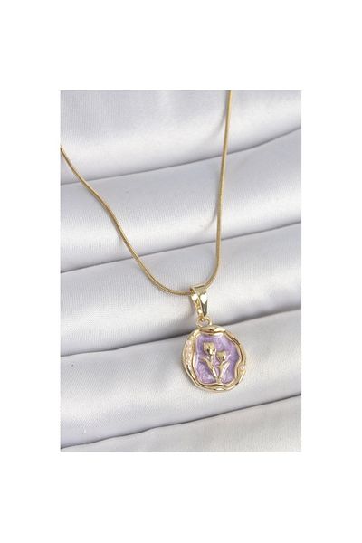 Skygo 316L Steel Gold Color Chain Purple Enamel Flower Embroidered Portrait Model Women's Necklace - Tj-Bko10164