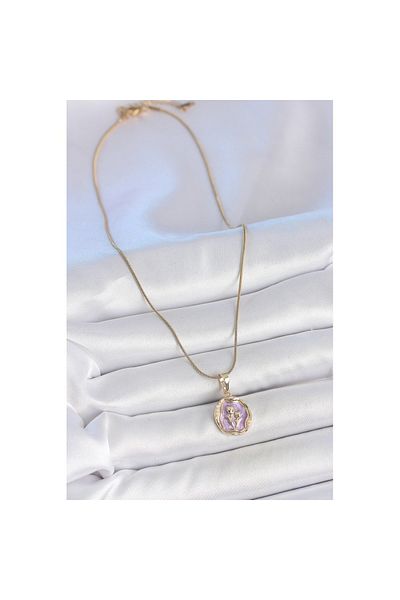 Skygo 316L Steel Gold Color Chain Purple Enamel Flower Embroidered Portrait Model Women's Necklace - Tj-Bko10164