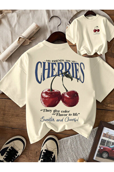 Framgan Unisex Erkek/Kadın CHERRIES Özel Baskılı Oversize Pamuklu Bisiklet Ya...