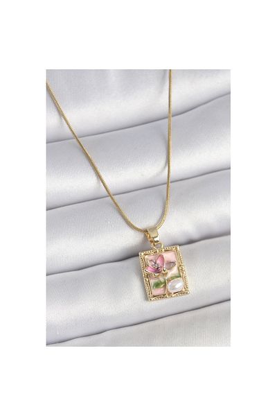 Skygo 316L Steel Gold Color Pink Enamel Flower Embroidered Pearl Detail Portrait Model Women's Necklace - Tj-Bko10145