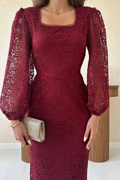 buğrahayalin Burgundy Guipure Detailed Lace Dress