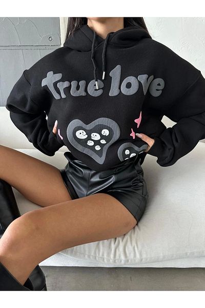 ufukmoda 3 Thread Hooded Oversize Compact True Printed Sweat Black