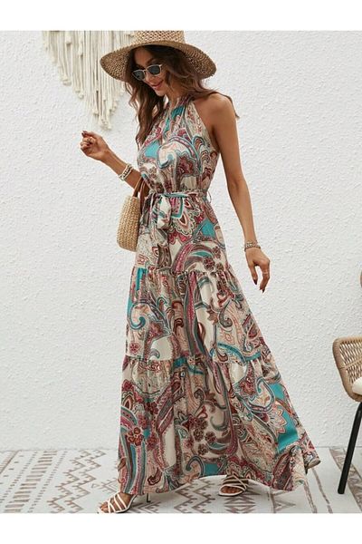 Gökyüzü Moda Women's Halter Neck Off-The-Shoulder Belted Maxi Length Patterned Single Jersey Dress