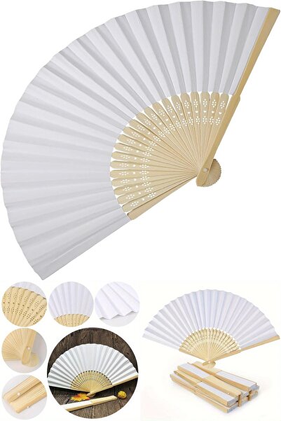 Yu Su Tools Organizasyonlar İçin Uygun Katlanabilir El Yelpazesi Doğal Ahşap Saplı, Beyaz Kağıt Yüzeyli, Zarif