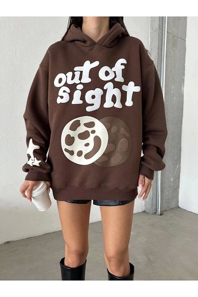 ufukmoda 3 Thread Overlock Oversize Compact Out of Printed Sweat Coffee