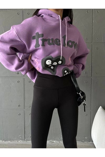 ufukmoda 3 Thread Hooded Oversize Compact True Printed Sweat Purple