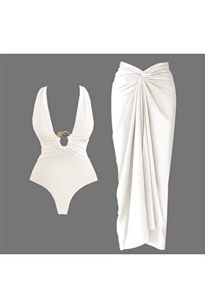 DESİGNEDBYD Yeni Kadın Metal Aksesuarlı Mayo+pareo Etek Takım 2 Parça Up Set Bodysuit Plaj Moda Beachwear