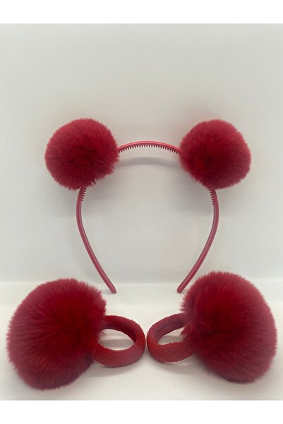 TOKA&TOKA 3'lü Set Peluş Tüy Büyük Ponponlu Tac Ve 2 Adet Lastikli Toka