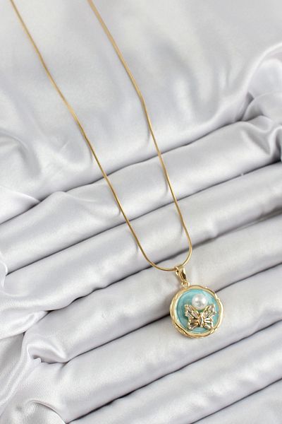 shopwave 316L Steel Chain Zircon Stone Turquoise Artistic Portrait Pearl Detailed Butterfly Model Gold Color Women's Ko