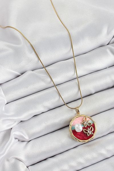 shopwave 316L Steel Chain Zircon Stone Assortment Artistic Portrait Pearl Detailed Butterfly Figured Model Gold Color K