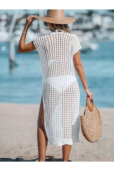 nedo7 Women's Zero Sleeve V Neck Side Deep Slit Midi Length Knitwear Dress