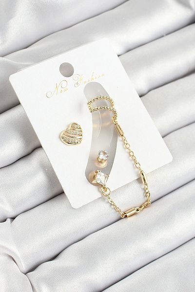 Clariss Brass Heart Figured Zircon Stone Gold Color 3-Piece Cartilage Women's Earring Set