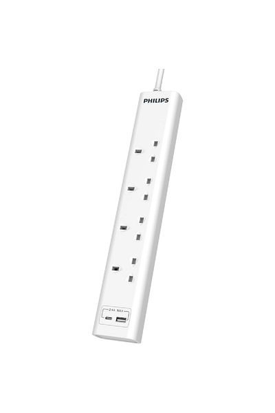 Philips 13A 4-Socket 2-USB UK Plug Power Extension Cord White 3m