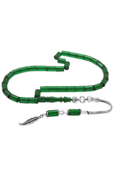 Tesbihane Ασημένιο 925 με φούντα κομμένο σε σχήμα κορδόνι, πράσινο φωτιά κεχριμπάρι, ροζάριο