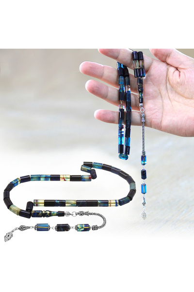 Tesbihane 925 Ayar Gümüş Püsküllü Kesme Kesim Mavi Beyaz Ateş Kehribar Tesbih