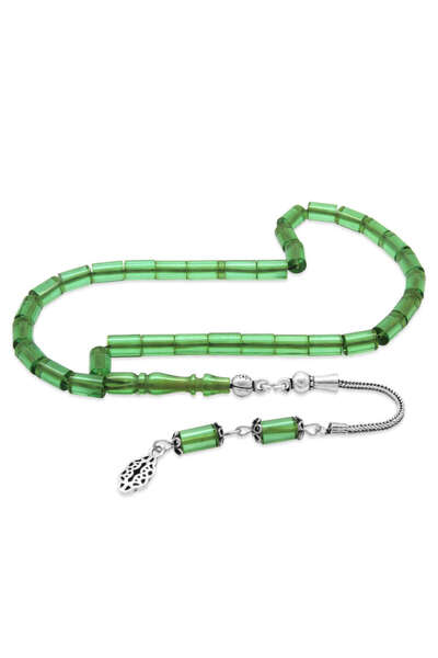 Tesbihane Ασημένιο 925 με φούντα κομμένο σε σχήμα καρδιάς, ανοιχτό πράσινο, φωτεινό κεχριμπάρι, ροζάριο