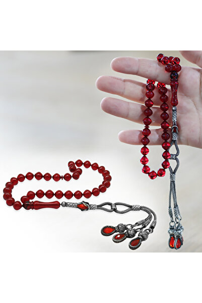 Tesbihane سبحة من الفضة الإسترليني عيار 1000 من Kazaz مزينة بعلم إسطنبول باللون الأحمر الناري والعنبر