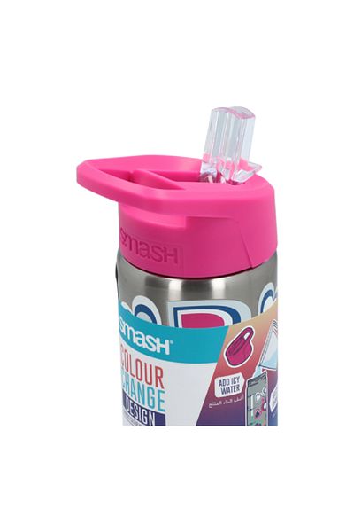 Smash Heart Printed Stainless Steel Color Changing Water Bottle Silver and Pink 750ml