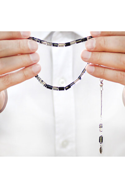 Tesbihane 925 Ayar Gümüş Püsküllü Kesme Kesim Bilek Boy Siyah Beyaz Ateş Kehribar Tesbih