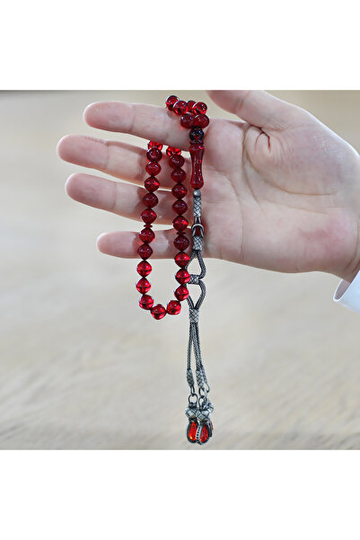 Tesbihane سبحة من الفضة الإسترليني عيار 1000 من Kazaz مزينة بعلم إسطنبول باللون الأحمر الناري والعنبر
