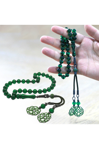 Tesbihane Ασημένιο 1000 καρατίων ιδιαίτερα ειδικό ροζάριο με φούντα Καζάζ, κομμένο στην Κωνσταντινούπολη, πράσινο φωτεινό κεχριμπάρι