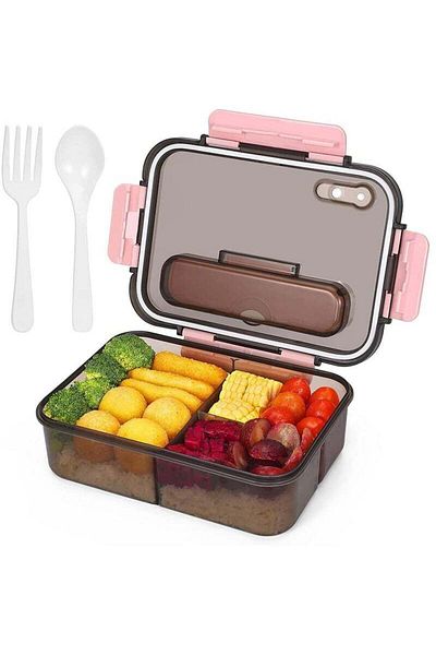 COOYA Lunch Box, 3 Compartment for Kids and Adults, 1500ml Plastic Lunch Box with Spoon and Fork,Pink