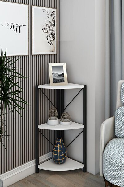 Remaks Datça 3 Raflı Metal Köşe Kitaplık Rafı Dekoratif Aksesuar Rafı Beyaz