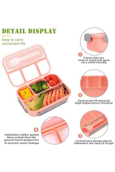 COOYA Lunch Box for Kids,4 Compartment with Spoon,1300ML, Microwave Safe, BPA Free,Pink