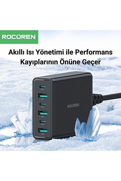 Rocoren 60W 3*Type-C ve 3*USB-A 6 Portlu Şarj Cihazı Masaüstü Şarj İstasyonu